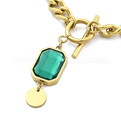 Placcatura ionica (ip) 304 acciaio inossidabile e ciondolo rettangolare in vetro turchese medio collane a catena cubana per le donne&nbsp;NJEW-U016-03G