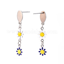 Orecchini a bottone pendenti lunghi in smalto fiore&nbsp;EJEW-N049-03B