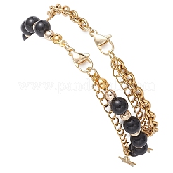Pulseras de cuentas redondas de obsidiana natural y hematita sintética de 2 estilos y cadenas de cable de acero inoxidable 304 para mujer.&nbsp;BJEW-JB12800-02