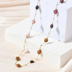 Colliers à maillons plats ronds en agate folle naturelle facettée avec perles en laiton mat&nbsp;GG-CBA37F5-01G-09