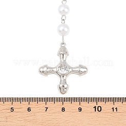 Halskette mit Kreuzanhänger in Y-Form aus Messing mit klaren Zirkonia-Steinen und handgefertigter Gliederkette aus ABS-Kunstperlen.&nbsp;NJEW-F364-06P