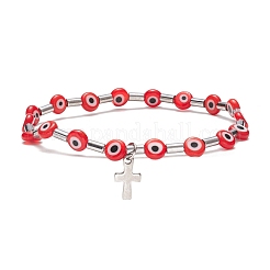 Malocchio a lume e bracciale elasticizzato con perline a colonna in acciaio inossidabile con ciondolo a croce per donna&nbsp;BJEW-JB08601