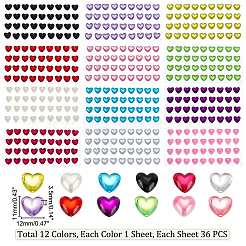 12 Blatt 12 Farben Herz-Klebe-Acryl-Strass-Aufkleber&nbsp;STIC-GA0001-05