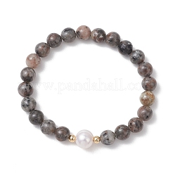 Braccialetti elastici con perline rotonde in sienite naturale e perle d'acqua dolce coltivate per le donne&nbsp;BJEW-JB13321-01