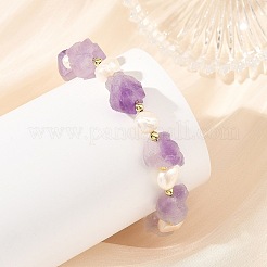 Pepite di ametista naturale grezza e braccialetti di perle coltivate d'acqua dolce naturali&nbsp;BJEW-JB14387-01