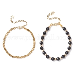 Pulseras de cuentas redondas de obsidiana natural y hematita sintética de 2 estilos y cadenas de cable de acero inoxidable 304 para mujer.&nbsp;BJEW-JB12800-02