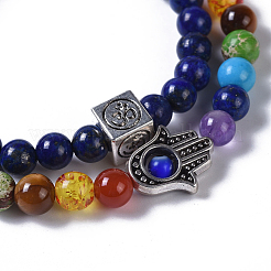 Deux boucles de lapis-lazuli naturel (teint) et de perles de pierre mélangées naturelles/synthétiques bracelets extensibles en chaîne&nbsp;BJEW-JB04223-05