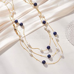 Collares largos de cadena Boston de latón con lapislázuli natural redondo y perla de concha&nbsp;NJEW-JN05722-01