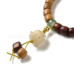 Zweifarbiges Stretch-Armband aus Sandelholzperlen mit Katzenanhänger aus Kunstharz für Damen&nbsp;BJEW-B080-14
