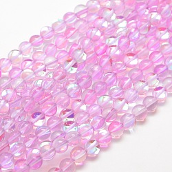 Chapelets de perles en pierre de lune synthétique, teinte, perles holographiques, demi couleur ab plaqué, ronde, rose, 8mm, Trou: 1mm, Environ 49 pcs/chapelet, 15 pouce