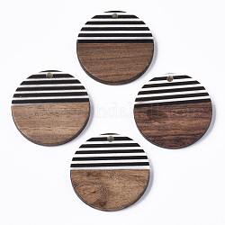Resin & Walnut Wood Pendants, Opaque. Waxed. Flat Round, Black, 28.5x3.5mm, Hole: 2mm