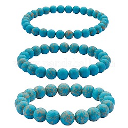 Ensemble de bracelets extensibles en perles rondes en jaspe impérial synthétique 3 pièces 3 tailles, bijoux en pierres précieuses pour femmes, bleu cadet, diamètre intérieur: 2-1/8 pouce (5.5 cm), perles: 6~10 mm, 1pc / taille