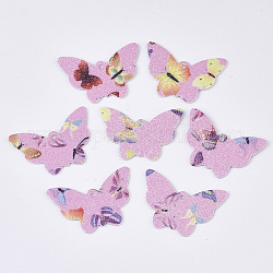 Pendentifs en cuir pu, avec poudre scintillante double face, papillon, rose, 32.5x48x1.5~2mm, Trou: 2.5mm