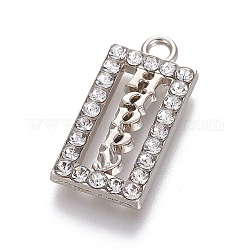 Rhinestone Pendants, with Zinc Alloy Findings, Restangle with Word Happy, Clear, Platinum, 23x11x2mm, Hole: 1.6mm