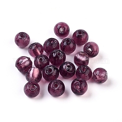 Perles en verre d'argent feuille manuelles, ronde, rouge violet pâle, 7.5~8.5mm, Trou: 1mm