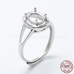 Componenti per anello da dito in argento sterling placcato rodio, con zirconi, regolabile, ovale, platino, misura 925 (7mm), 17 mm di larghezza, vassoio: 2mm
