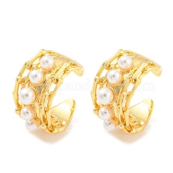 Rack Plating Brass Oval Cuff Earrings with Plastic Pearl, Long-Lasting Plated, Lead Free & Cadmium Free, Real 18K Gold Plated, 14x14x9mm