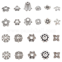 Sunnyclue 240 Uds. 12 tapas de abalorios de aleación de estilo tibetano, flor, plata antigua, 6~14x6~14x2~10mm, agujero: 1~3 mm, 20 piezas / style