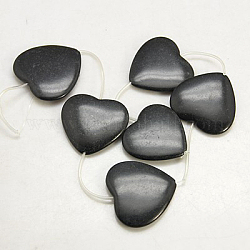 Chapelets de perles en pierre noire naturelle, avec un tube de caoutchouc, cœur, noir, 36x35x6mm, Trou: 1mm, Environ 6 pcs/chapelet, 13.7 pouce