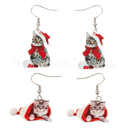 ANATTASOUL 2 Pairs 2 Style Christmas Hat with Cat Acrylic Dangle Earrings, Platinum Plated Iron Jewelry for Women, Red, 48~53mm, Pin: 0.6mm, 1 Pair/style