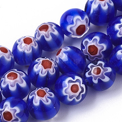 Chapelets de perles vernissées de millefiori manuelles, ronde, bleu, 8mm, Trou: 1.2mm, Environ 48 pcs/chapelet, 14.17 pouce (36 cm)