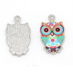Alloy Enamel Pendants, Silver, Owl, Colorful, 23x13x2mm, Hole: 1.2mm, 2pcs/bag