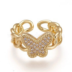 Brass Micro Pave Clear Cubic Zirconia Cuff Rings, Open Rings, Long-Lasting Plated, Butterfly, Curb Chain Shape, Real 18K Gold Plated, Inner Diameter: 17mm