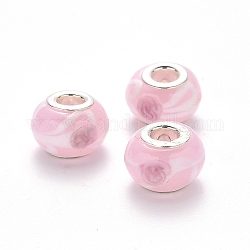 Handmade Lampwork European Beads, Large Hole Rondelle Beads, with Platinum Tone Brass Double Cores, Pink, 14~15x9~10mm, Hole: 5mm