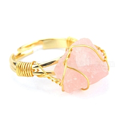 Anelli regolabili con pepita di quarzo rosa naturale, anello avvolgente in filo di rame dorato, diametro interno: 19mm
