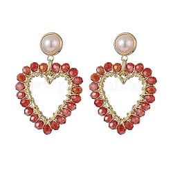Orecchini pendenti con perline di vetro avvolte, orecchino di perla imitazione plastica abs cuore ottone per le donne, oro, 41.5mm, ago :0.9mm