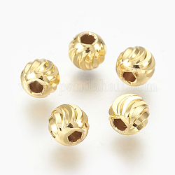 Brass Corrugated Beads, Long-Lasting Plated, Round, Golden, 6mm, Hole: 1.8mm
