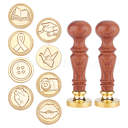 CRASPIRE DIY Scrapbook, Including Pear Wood Handle and Brass Wax Seal Stamp Heads, Mixed Patterns, 2.5x1.4cm, 10pcs/set