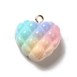 Rainbow Color Opaque Resin Pendants, Rhombus Heart Charms, with Golden Tone Iron Loops, Colorful, 21x20x10.5mm, Hole: 2mm