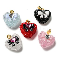 Druzy Resin Pendants, Heart with Bowknot Charms with Rhinestone and Rack Plating Golden Tone Brass Snap on Bails, Long-Lasting Plated, Cadmium Free & Lead Free, Mixed Color, 21x19.5x14.5mm, Hole: 3x6mm
