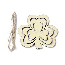 DIY Shamrock Unfinished Wooden Ornaments Blank Wooden Embellishments, with Hemp Rope, for Saint Patrick's Day Party Decorations, Cornsilk, 72x81x2.5mm, Hole: 3mm