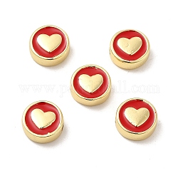Cuentas de esmalte de latón chapado en oro real de 18k, plano y redondo con corazón, rojo, 11x4.5mm, agujero: 2 mm