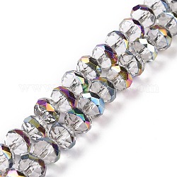Trasparenti perle di vetro placca fili, sfaccettato, rondelle, mezzo arcobaleno placcato, chiaro, 7.5~8x6.5~7mm, Foro: 1.4 mm, circa 65pcs/filo, 16.77 pollice (42.6 cm)
