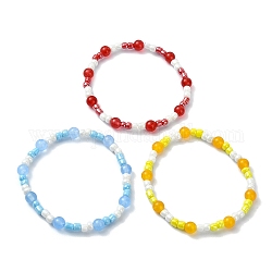 3 pièces 3 couleurs trois séries de couleurs primaires perles de rocaille en verre bracelets de perles extensibles, avec du jade de Malaisie naturel et teint, bijoux pour femmes, couleur mixte, diamètre intérieur: 2-1/8 pouce (5.3 cm), 1 pc / couleur