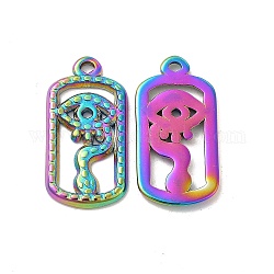 Ion Plating(IP) 304 Stainless Steel Pendants, Oval with Eye Charm, Rainbow Color, 24x12x1.5mm, Hole: 1.6mm