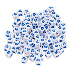 Perle europee acriliche bianche opache, perline con foro grande, cubo con il cuore del modello, cielo blu profondo, 7x7x7mm, Foro: 4 mm, 100pcs/scatola