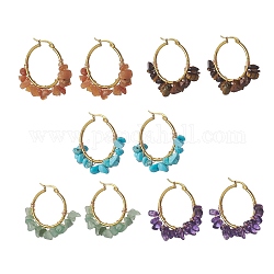 Natural Gemstone Hoop Earrings, Golden Tone 304 Stainless Steel Earring for Women, 37~39x40~43x6~8mm, Pin: 0.9~1.3x0.7mm