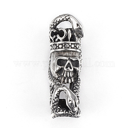 304 Stainless Steel Beads, Column with Skull, Antique Silver, 32x10.5x13mm, Hole: 7mm