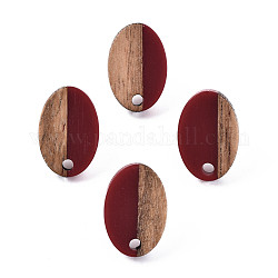 Opaque Resin & Walnut Wood Stud Earring Findings, with 304 Stainless Steel Pin, Oval, Dark Red, 15x10mm, Hole: 1.8mm, Pin: 0.7mm
