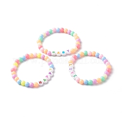 Ensemble de bracelet extensible en perles acryliques opaques pour enfant, avec mot bébé & amour & heureux, colorées, diamètre intérieur: 1-3/4 pouce (4.5 cm), 3 pièces / kit