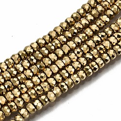 Electroplate Non-magnetic Synthetic Hematite Beads Strands, Barrel, Faceted, Real 18K Gold Plated, 3.5x2.5mm, Hole: 1mm, about 177~179pcs/strand, 15.20 inch~15.75 inch(38.6cm~40cm)