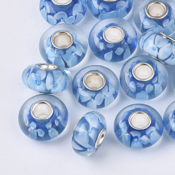 Handgemachte glasperlen murano glas großlochperlen, Innen Blume, Großloch perlen, mit versilberten Messing-Einzelkernen, Rondell, Verdeck blau, 14x7.5 mm, Bohrung: 4 mm