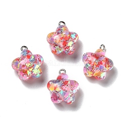 Transparent Resin Pendants, with Platinum Tone Iron Loops & Glitter Powder, Plum Bossom, Colorful, 20.5x17x10.5mm, Hole: 2mm