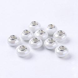Handmade Porcelain Ceramic Spacer Beads Fit European Charm Bracelets, with Silver Color Brass Double Cores, Rondelle, White, 15x11mm, Hole: 5mm