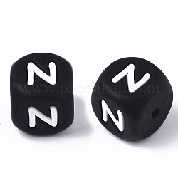 Food Grade Eco-Friendly Silicone Beads, Horizontal Hole, Chewing Beads For Teethers, DIY Nursing Necklaces Making, Cube, Black, Letter.N, 12x12x12mm, Hole: 2mm
