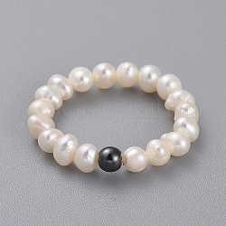 Bagues en perles de culture d'eau douce naturelles, avec perles rondes en laiton et fil de cristal élastique, gunmetal, taille 6, 16mm